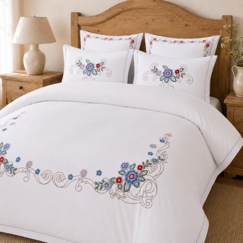 Set pat cu pilota extra bumbac satinat cu broderie dry roses MO01 Set pat cu pilota extra bumbac satinat cu broderie dry roses MO01