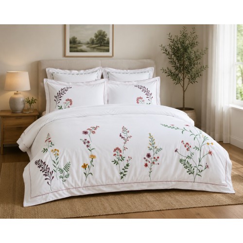 Set pat cu pilota extra bumbac satinat cu broderie dry roses MO14 Set pat cu pilota extra bumbac satinat cu broderie dry roses MO14