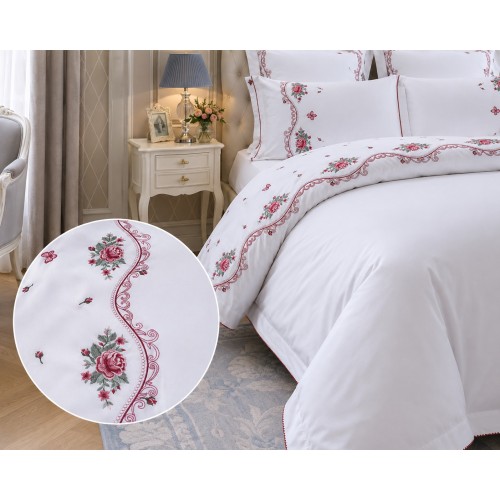 Lenjerie pat extra bumbac satinat cu broderie dry roses MM51 Lenjerie pat extra bumbac satinat cu broderie dry roses MM51