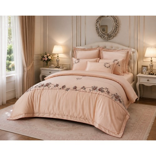 Set pat cu pilota extra bumbac satinat cu broderie dry roses MO50 Set pat cu pilota extra bumbac satinat cu broderie dry roses MO50